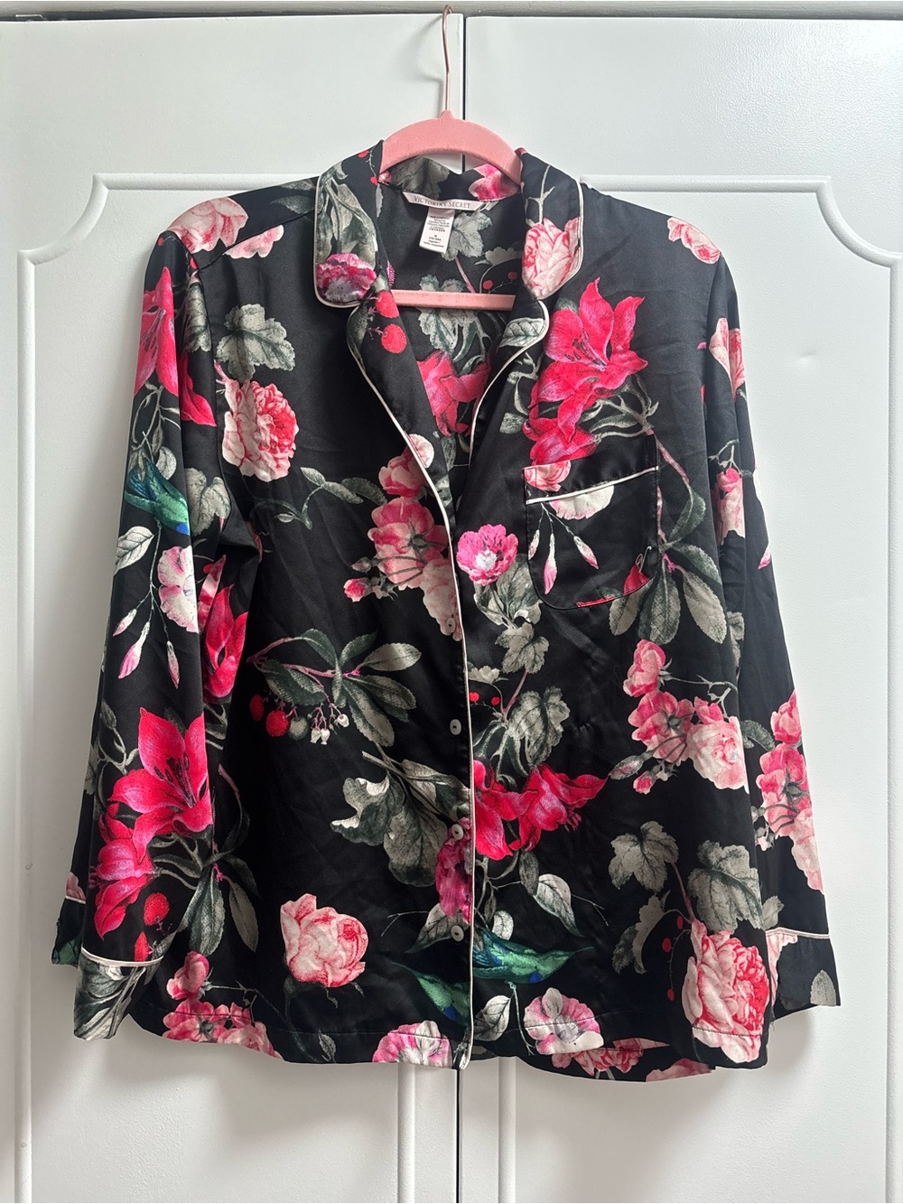 Victoria's Secret Black Floral Button-Up Blouse with Pink Rose Print